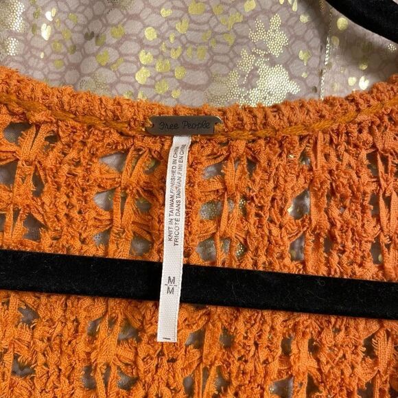 Free People Best Of You Sunset Orange Open Knit V Neck Sweater Medium - Picture 3 of 9